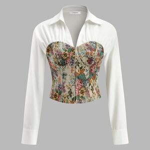 NWT Floral Corset Blouse - White and Multicolor Jacquard